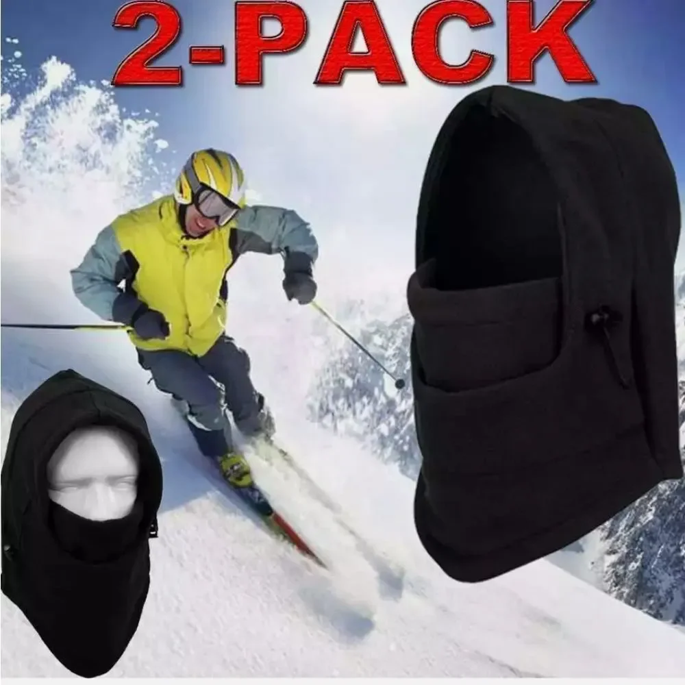 2 Pack Black Winter Fllece Ski Full Face Mask Adjustable Neck Warmer Hood Cap
